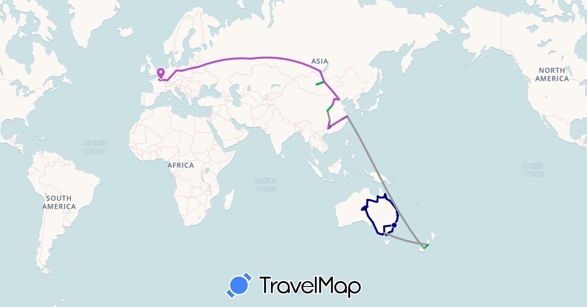 TravelMap itinerary: driving, bus, plane, train, boat in Australia, Belarus, China, Germany, France, Mongolia, New Zealand, Poland, Russia (Asia, Europe, Oceania)